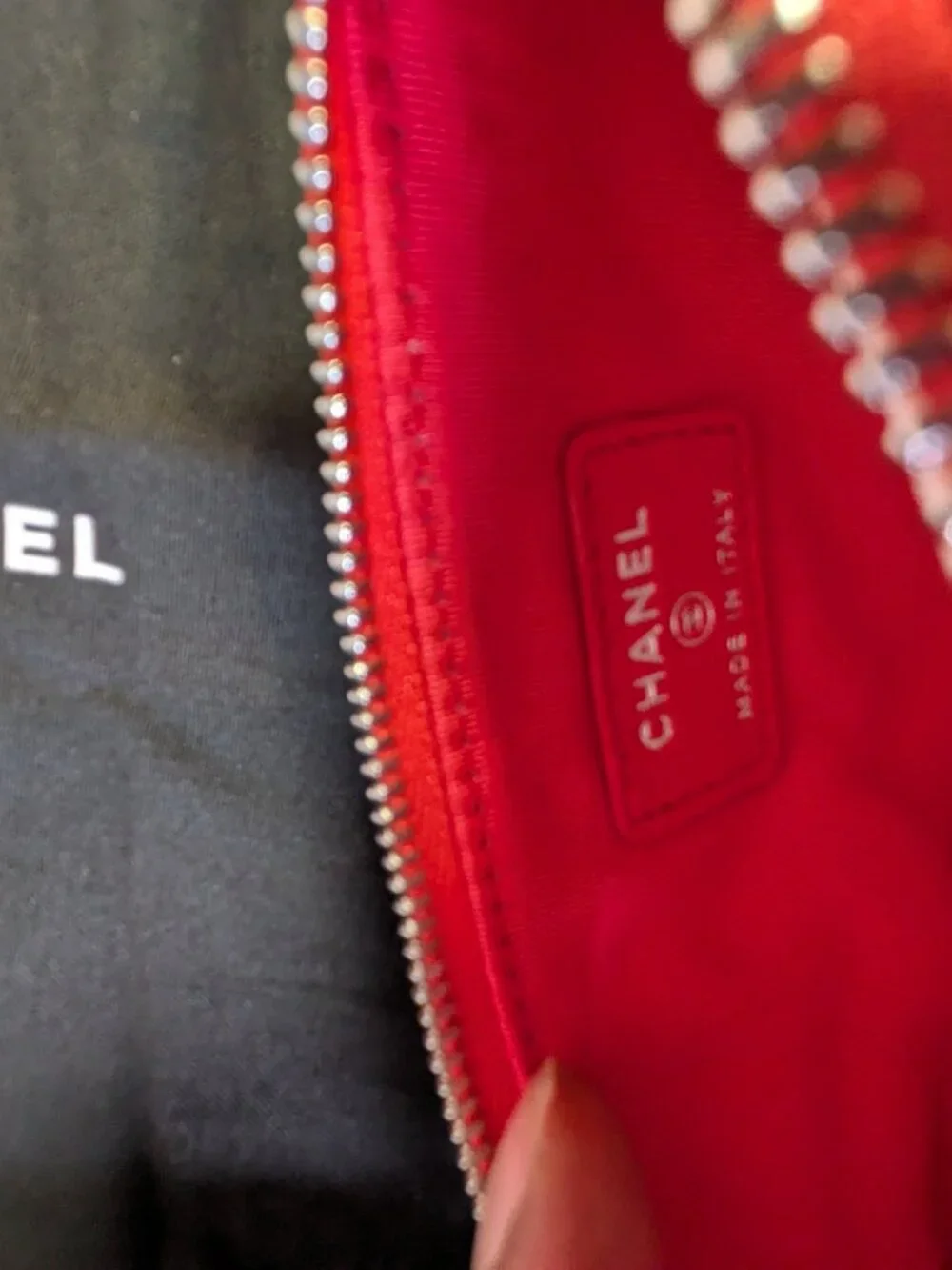 CHANEL Mini O-Case Zip Pouch — Red Chevron Quilted Lambskin, Studded Trim